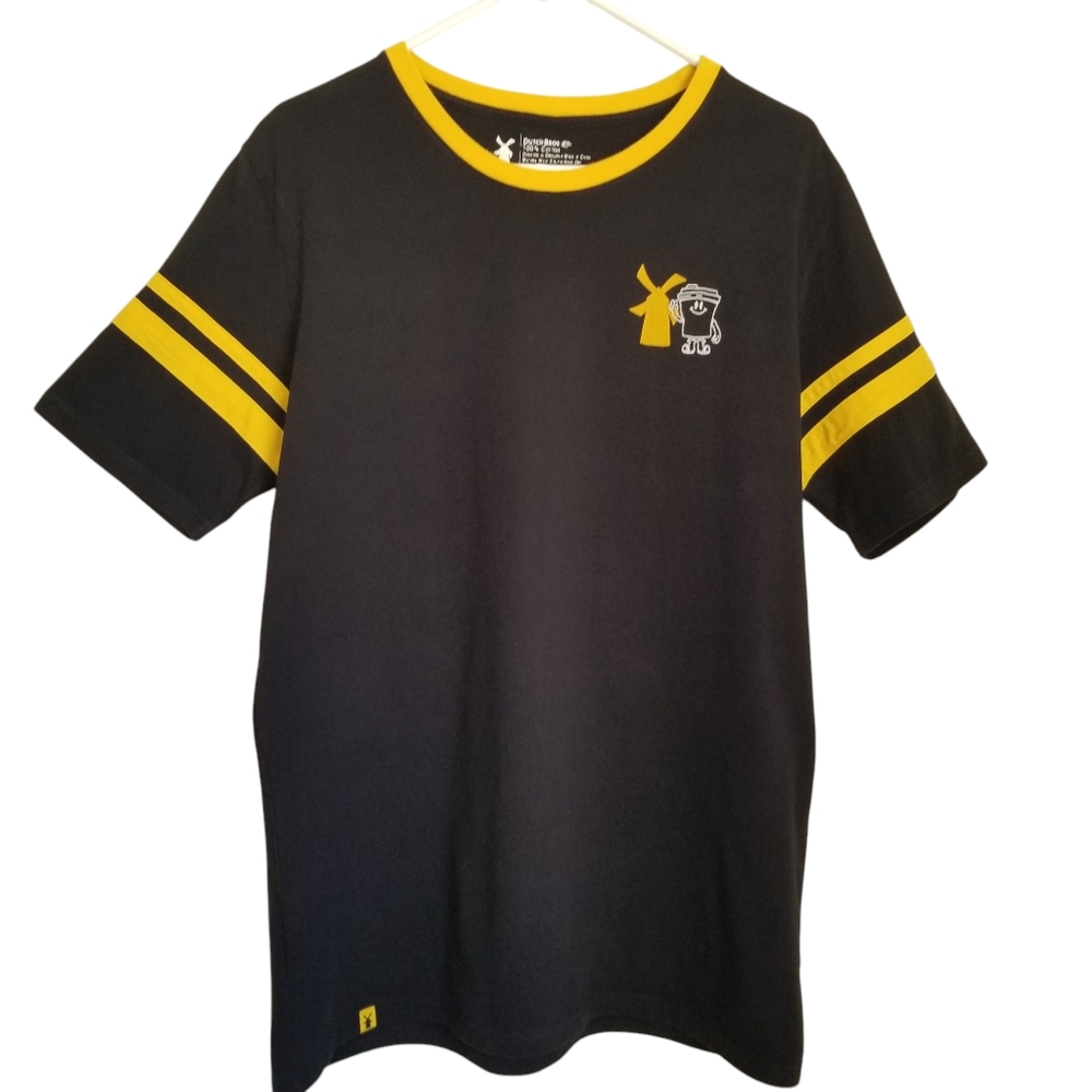 Mens Black Yellow Stripe Dutch Bros Crew Neck Short Sleeve T shirt Size XL